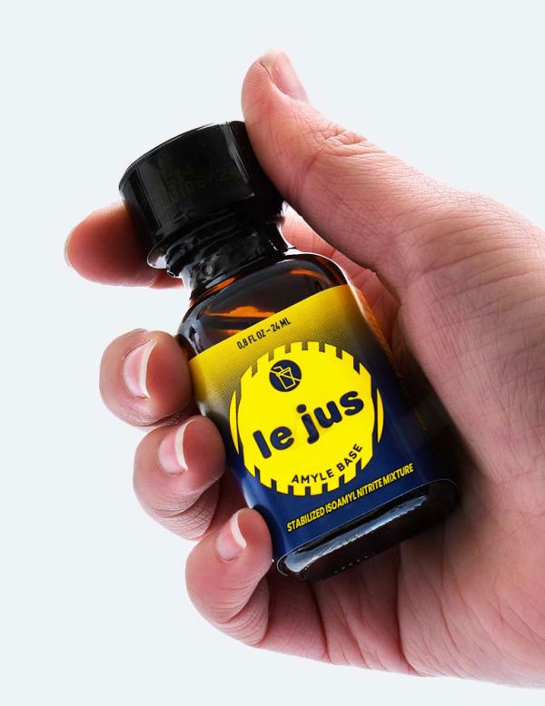 Poppers prise en main flacon jaune et bleu nitrite amyle