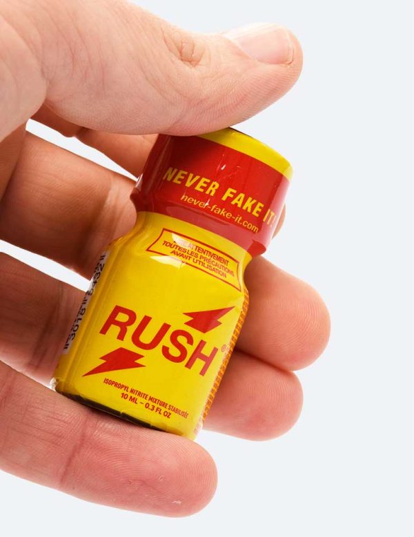 Flacon de poppers original Rush jaune et rouge avec l'éclair et le sleeve