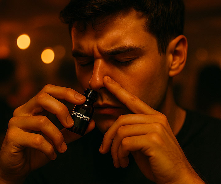 Homme qui inhale du poppers lors d'une soirée