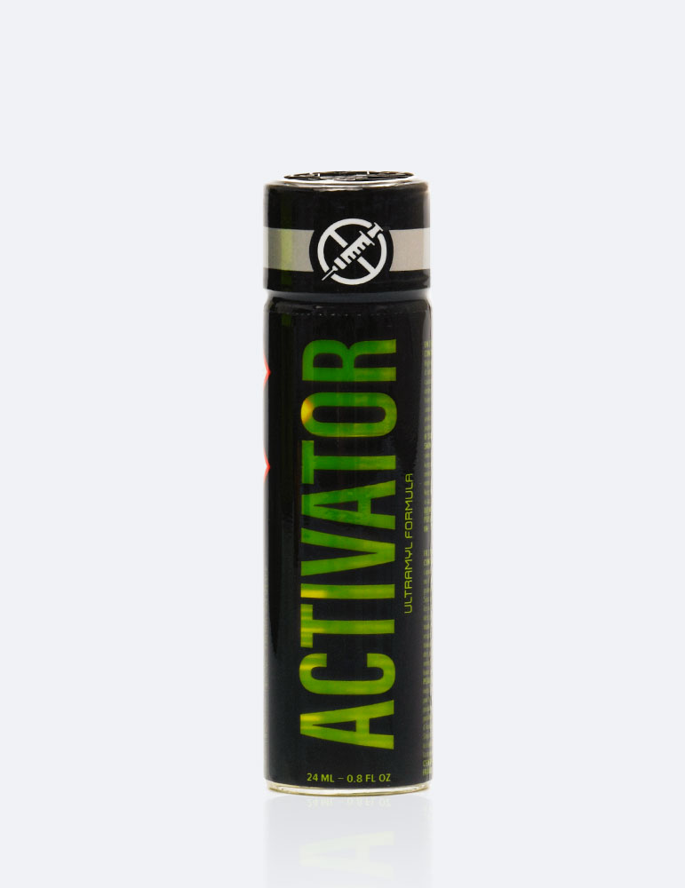 Poppers Activator en verre noir et jaune à base d'amyle