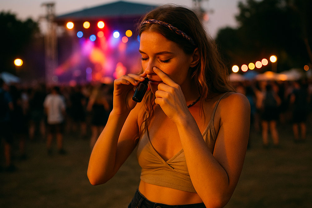 Utilisation de poppers par une fille en festival avec précaution